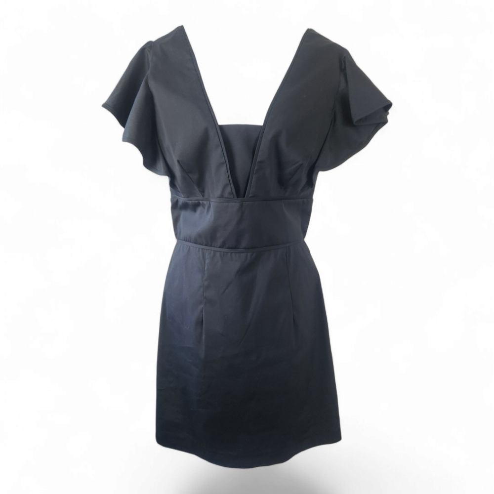 MILLY Deni Mini Dress 10 Black Poplin Flutter Sleeve Plunge Neckline Party - Picture 2 of 11